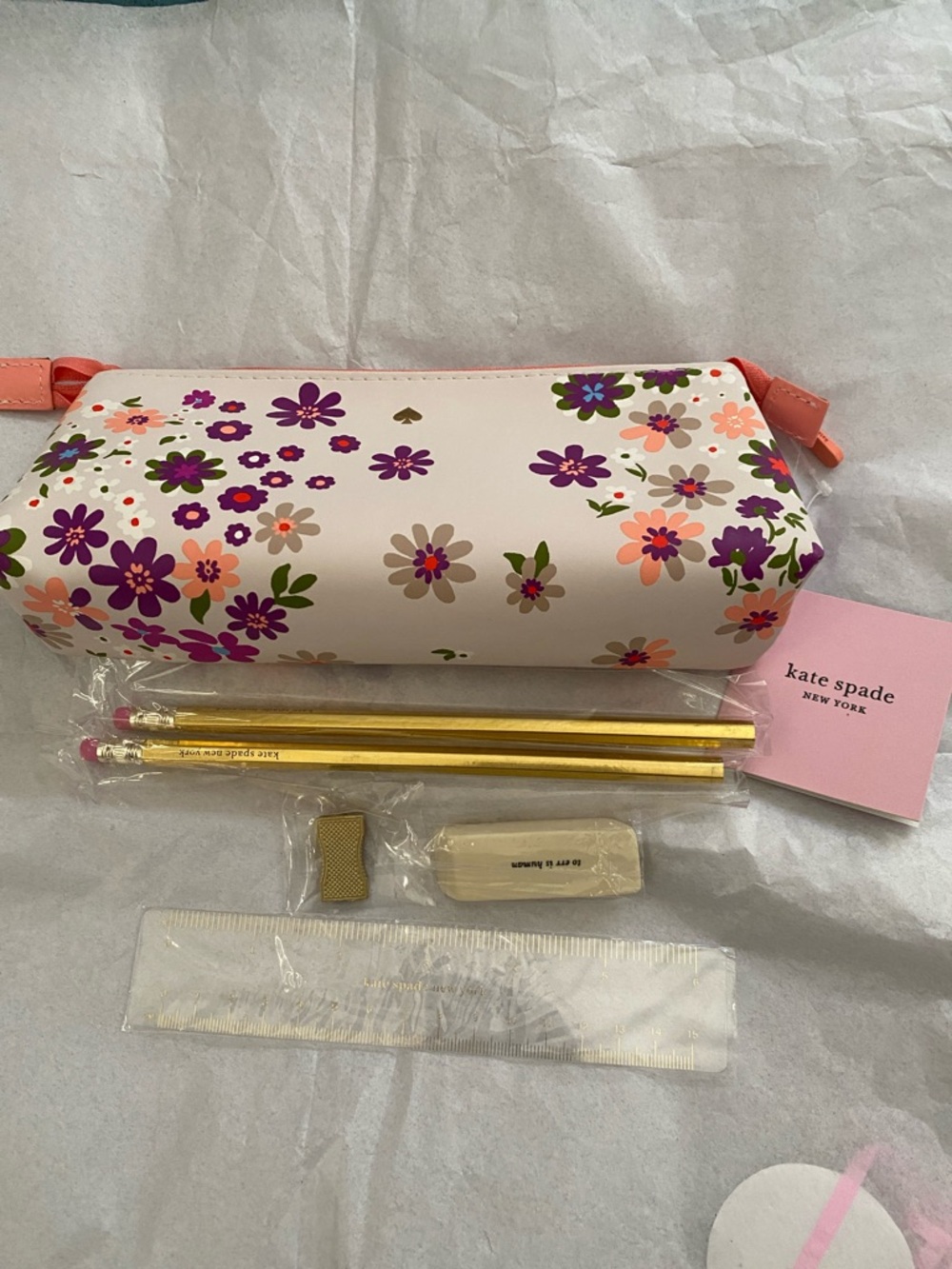 kate spade Cream Floral Pencil Case with Pink and Purple Flowers